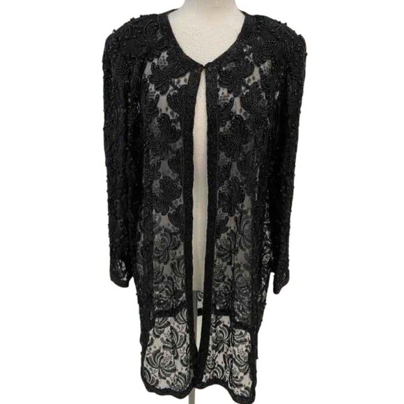 Rare VTG 90s Brilliante By J.A. Black Bead Lace Cardigan Jacket Mother of Bride - Picture 2 of 14